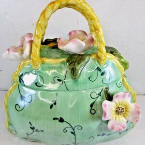 Green Purse Cookie Jar with Pink Dogwood Flowers RARE